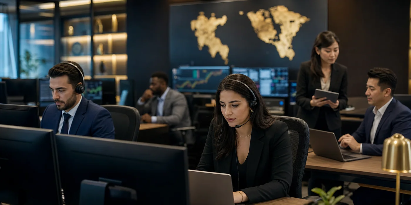 DOM Academy professional support team in a premium fintech office